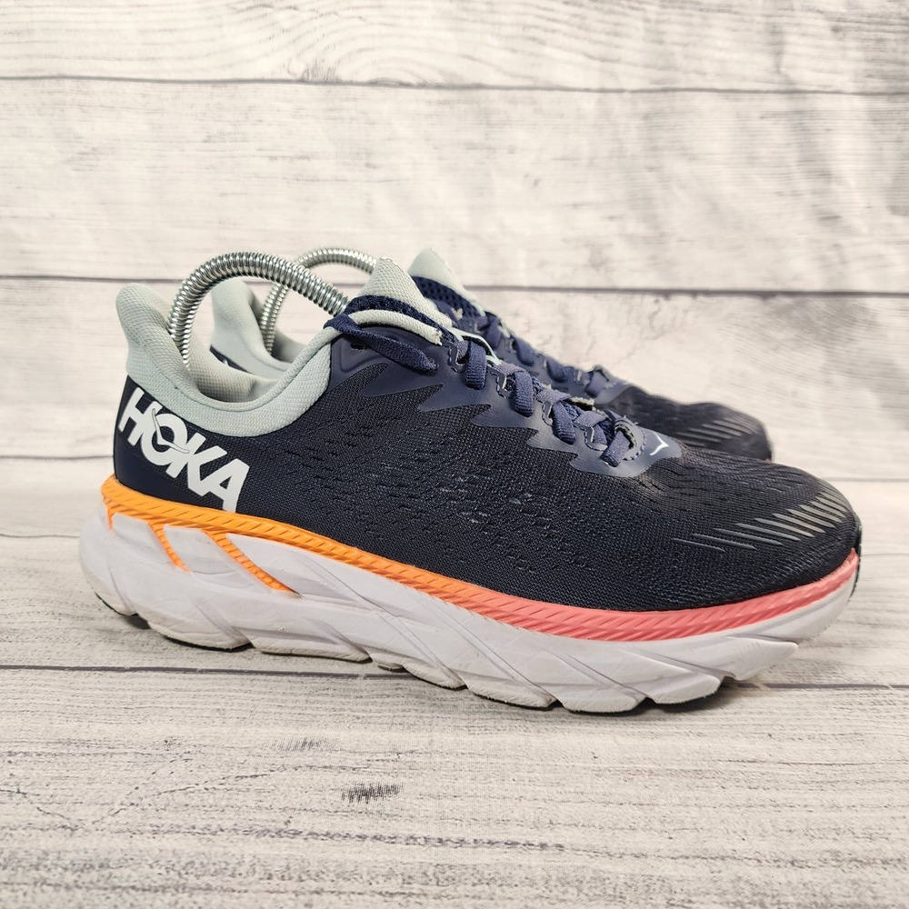 Hoka One One Clifton 7 Women's 8.5 Wide Navy Orange Running Shoes Sneakers